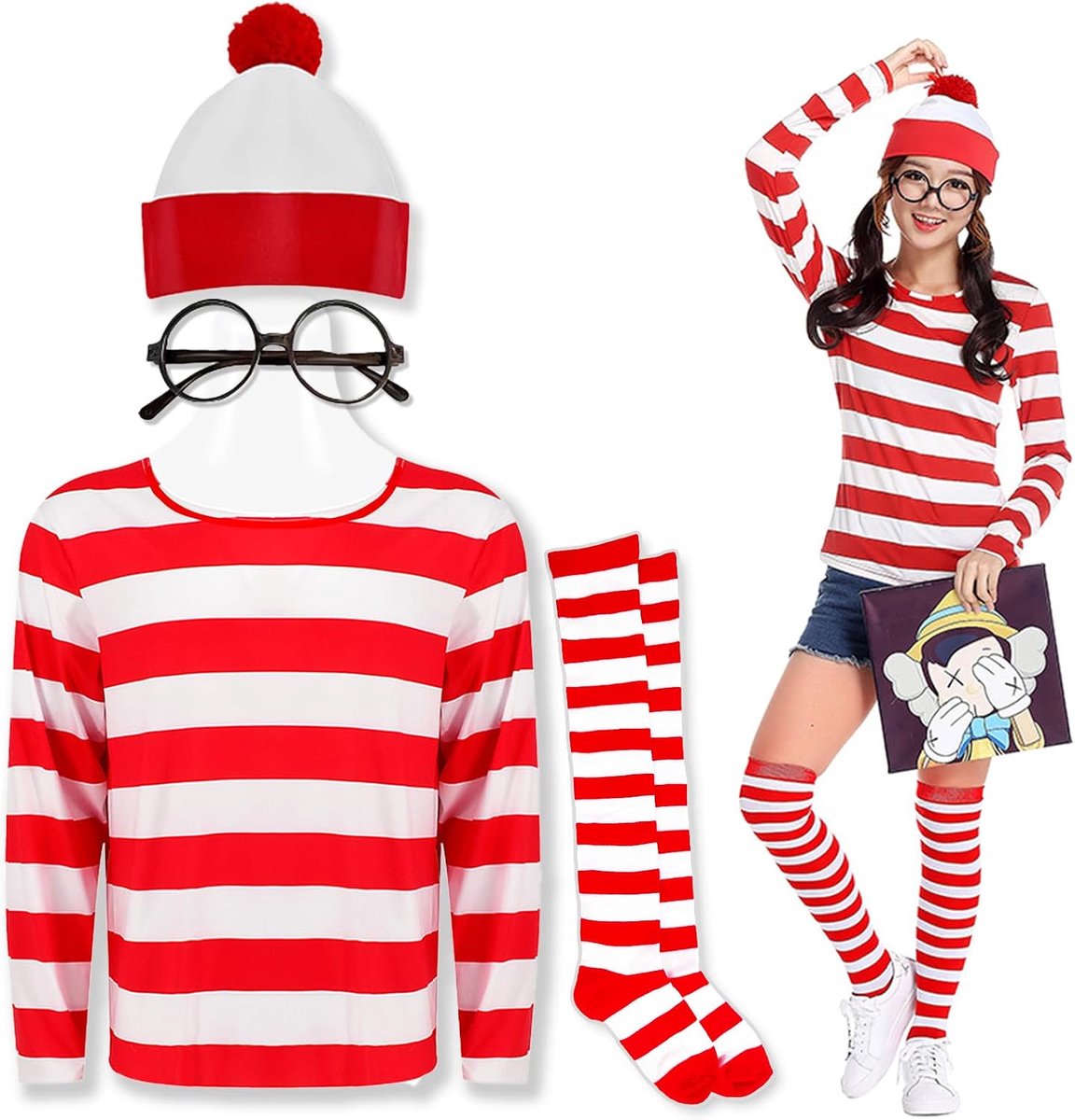 Where's Wally kostuum, hoge hoed bril sokken kostuum set, rood en wit top frisser kostuum wereld boek dag kostuums carnaval