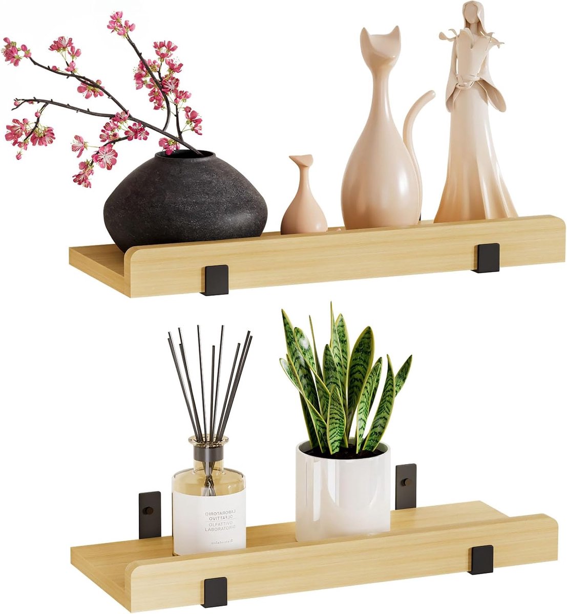Set van 2 wandplanken, hout: 40 cm, wandplank voor fotolijsten en decoraties, kruidenpotjes, zwevend rek voor woonkamer, slaapkamer, badkamer, werkkamer, beige