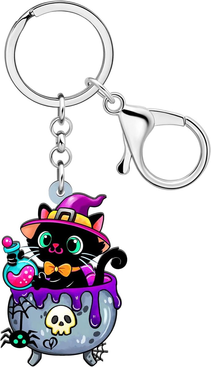 Heksenhoed Zwarte Kat Sleutelhanger Acryl Halloween Sleutelhanger Charms Heksenaccessoires Kattenliefhebber Geschenken voor Vrouwen