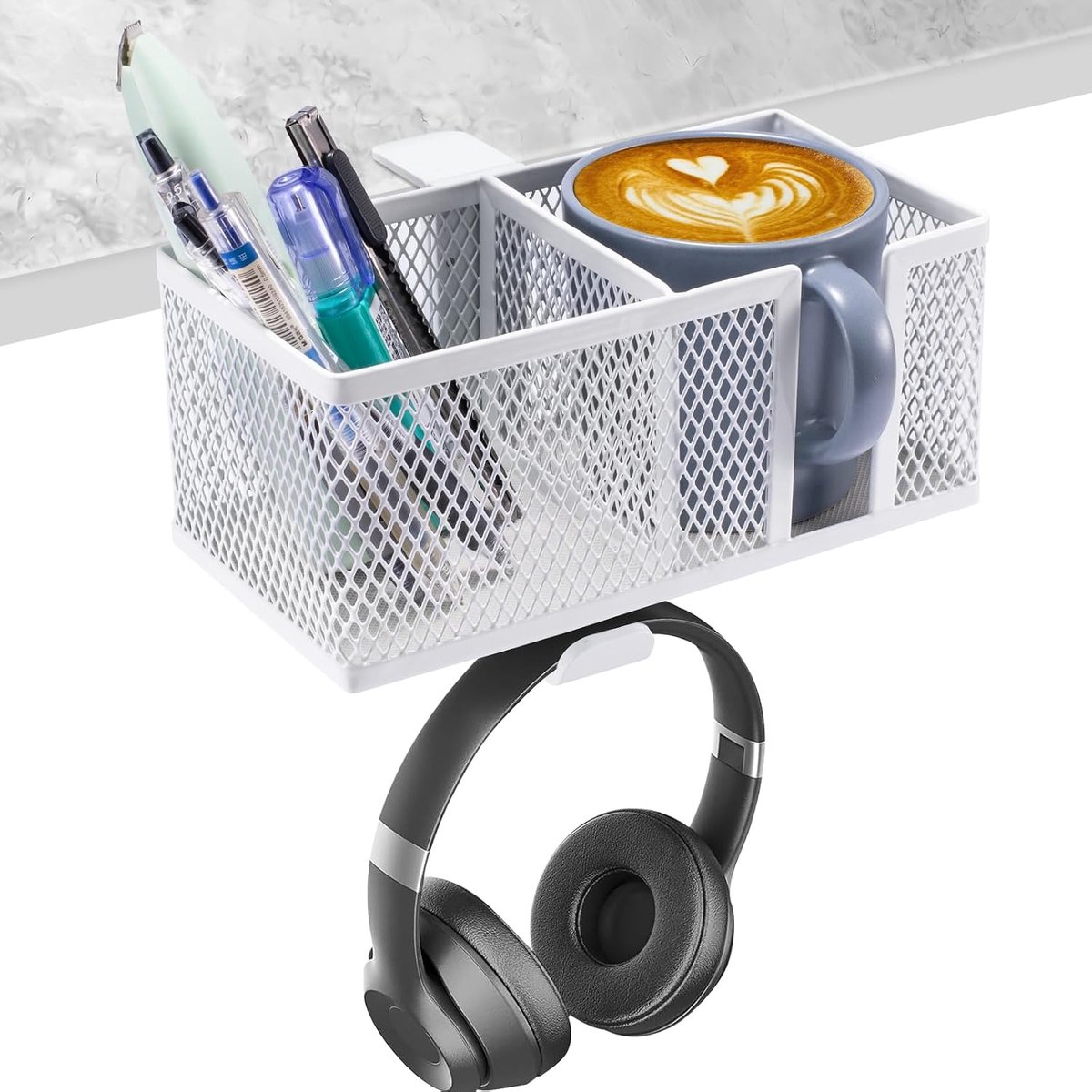 3-in-1 bekerhouder voor tafel, hoofdtelefoonhouder onder bureau, headsethouder, 360° draaibare hoofdtelefoonstandaard en afneembare bekerhouder, pennenhouder, organizer voor kopjes, mobiele telefoon,