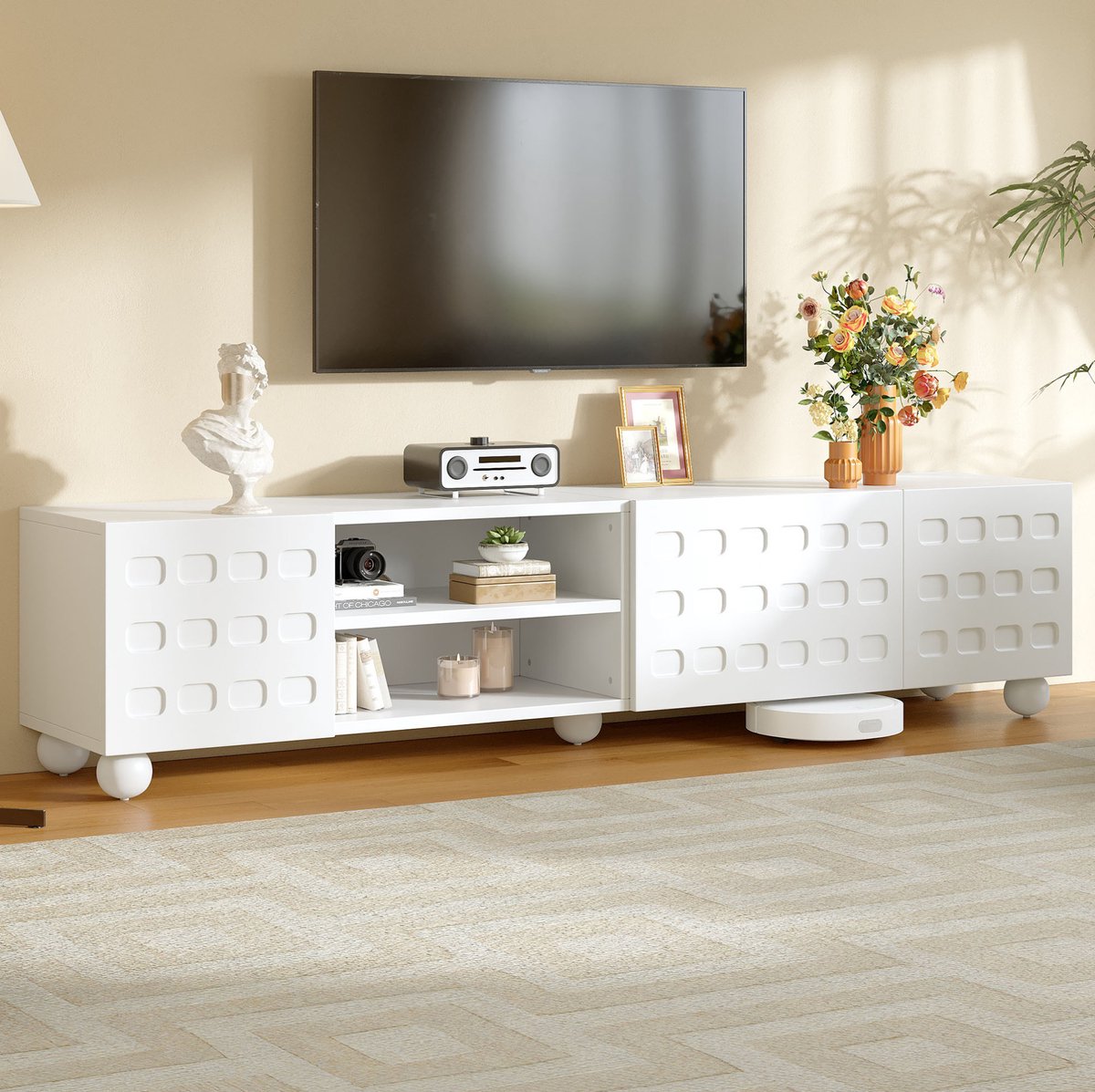MEUNIQ TV-meubel 200 x 40 x 44 cm - 3-deurs lowboard met 2 halfopen vakken en groot blad voor tv tot 80 inch - wit