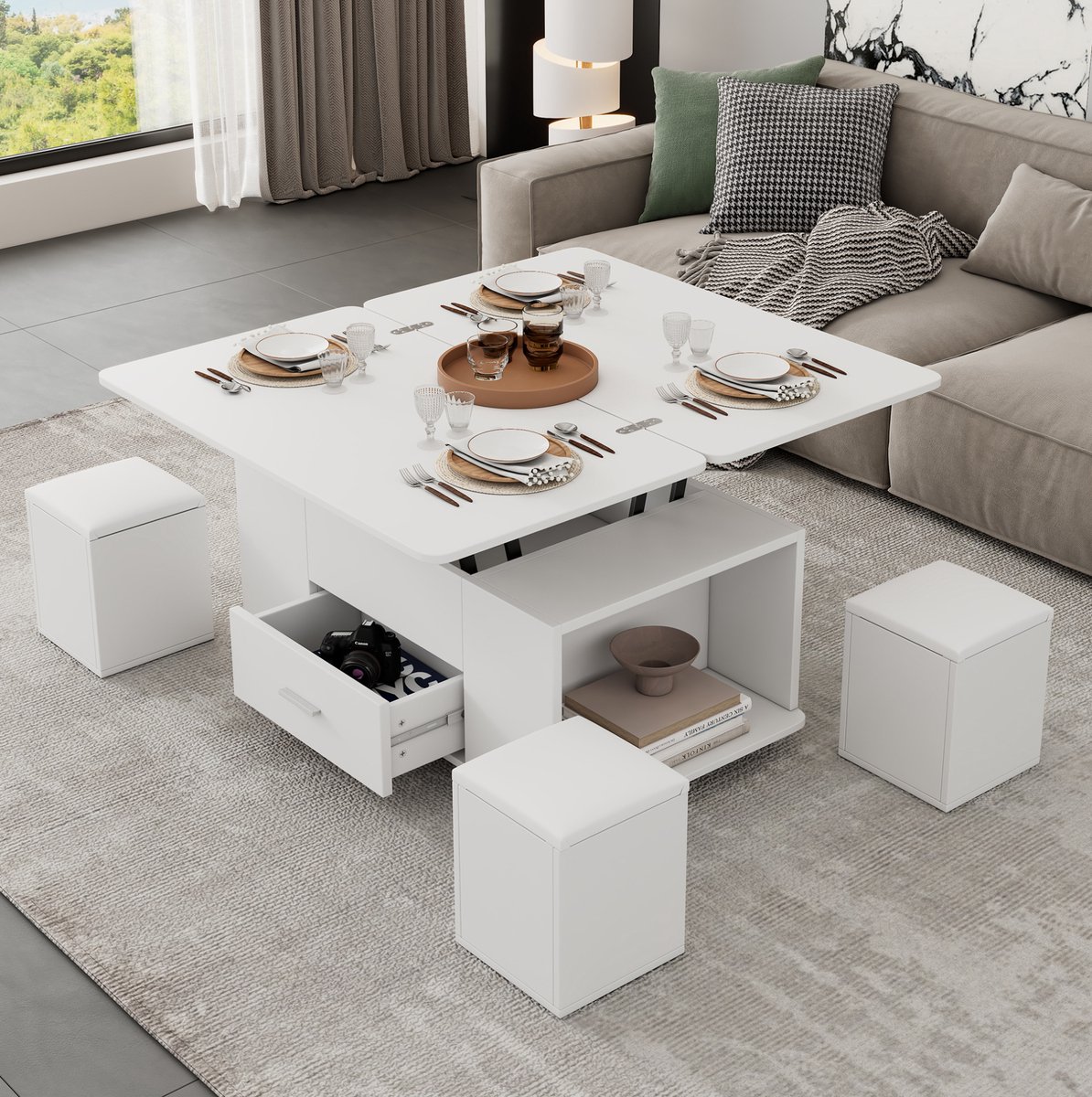 MEUNIQ Salontafel 100 x 50 cm, hoogte verstelbaar en uitklapbaar tot 100 x 100 cm, met lade, open vak, 4 opberghockers en wielen, wit