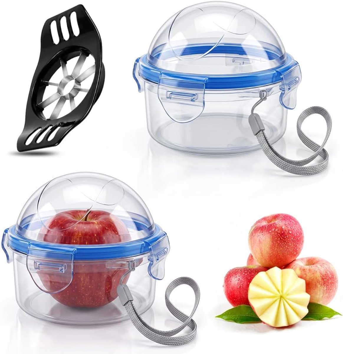2 stuks appelbox met 1 appelsnijder, roestvrij staal, appelverdeler, BPA-vrij, fruitopslag, kunststof, appelbox, koelkast, fruitbox voor appels, citroenen, druiven, tomaten
