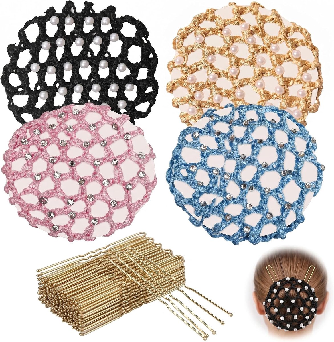 4 stuks haarnetje knot met strass en parels en 50 gouden U-spelden, elegant knotnet voor ballet, kinderen en dames, haarnet, paardrijden, toernooien, gymnastiek en kunstschaatsen