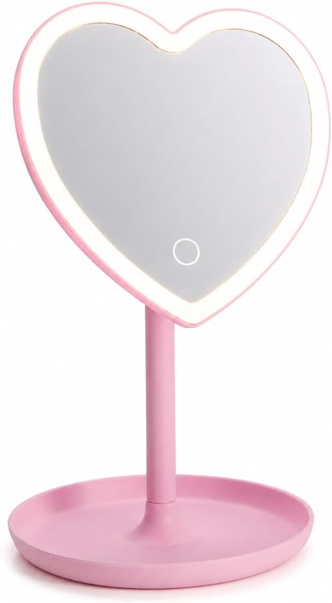LED cosmetische spiegel hart roze met touch-knop | polypropyleen en glas, werkt op batterijen, zacht licht, stabiele stand, voor badkamer en stylingruimte