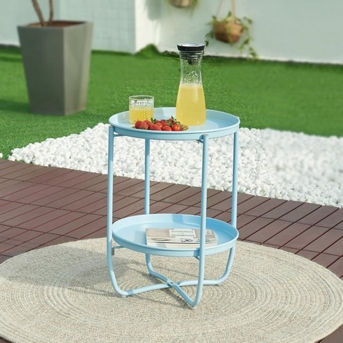Ronde Bijzettafel Buiten met Afneembare Dienblad Balkon Tuin 57.5xØ40 cm Lichtblauw Metaal