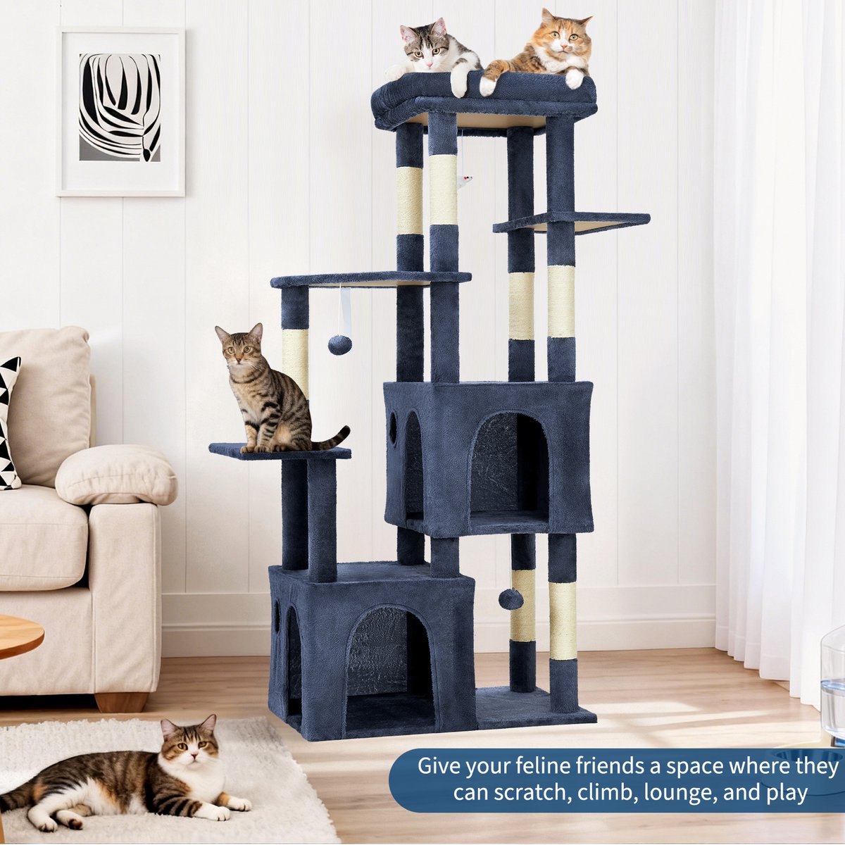 Triumpunpre - Kattenboom 155 cm Voor Grote Katten & Maine Coon - Meerlaagse Kattentoren met 7 Sisal Krabpalen, 2 Kattenholen en Groot Platform - Blauw thumbnail 6