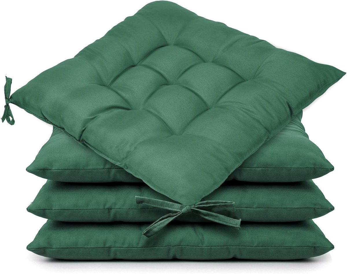 Set Van 4 Zitkussens Voor Eetkamerstoelen, 40x40cm, Comfortabele, Wasbare Zitkussens Met Bandjes, Stoelkussens Voor Keuken, Kantoor, Tuin, Terras En Buitengebruik (Groen)