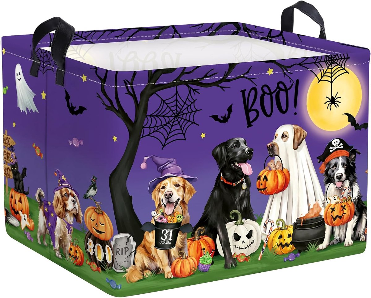 Halloween Baby Opbergmand Spook Vleermuis Pompoen Opvouwbare Kleding Kinderen Wasmand Boo Grote Jongens Meisjes Gift Speelgoed Doos Bin voor Kinderkamer, Paarse Hond, 40*30*30 cm