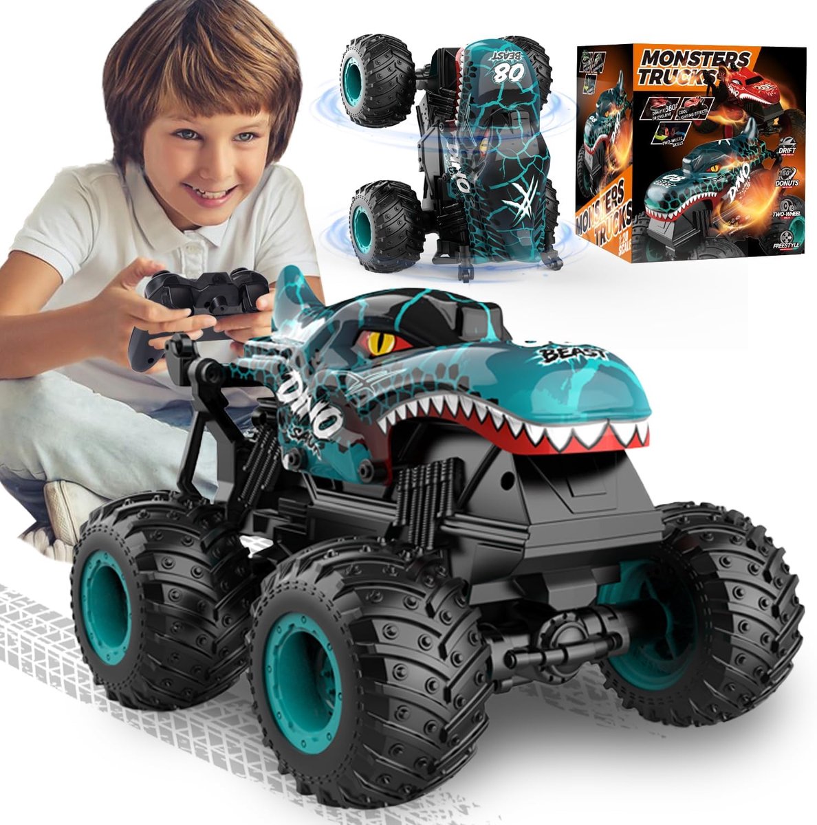 Afstand Bestuurde Auto, 20/KM Monstertruck met Ledlicht en Muziek, 2,4 GHz RC Monstertruck Afstandsbediening met Rechtop Rijden, 360°, Op Afstand Bestuurde auto Voor Kinderen, 4, 5, 6 Jaar