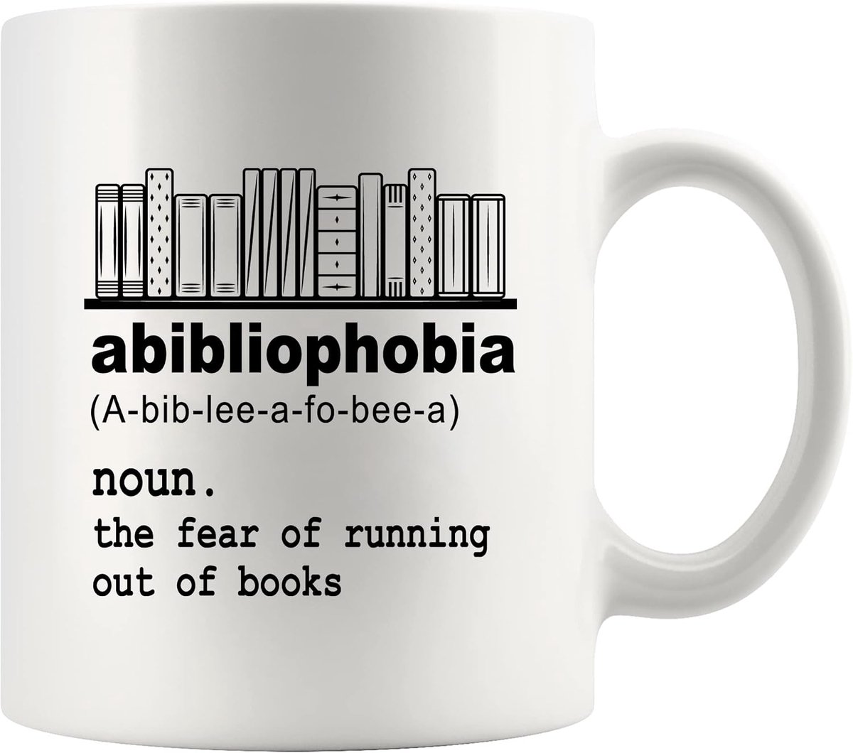 Abibliophobia definitie mok, boekliefhebbers, geschenken voor vrouwen, mannen, bibliothecaris, lezer, nieuwigheid, drinkgerei, keramiek, koffiemok, wit, 325 ml