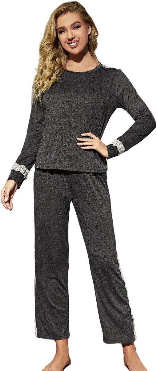 Pajama Set Women'S Autumn And Winter Lace Long Sleeve Pajamas, Simple And Comfortable Pajamas Loungewear Set-A-Xl