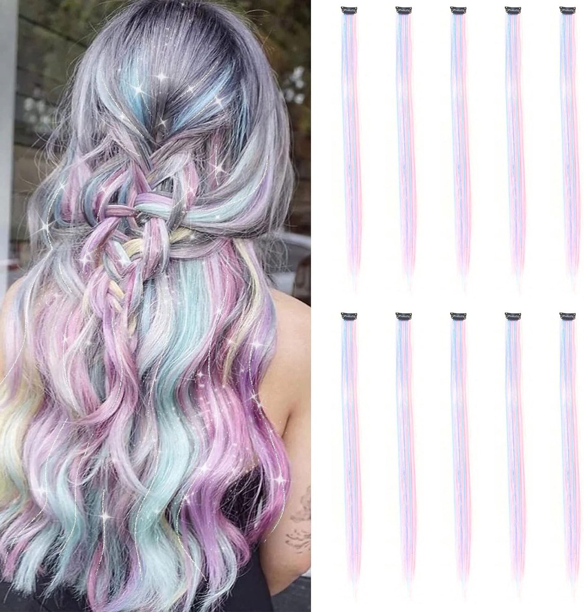 Haarlokken, kleurrijk, 55 cm, haarstrengen om vast te klemmen, gekleurde haarverlenging, hittebestendige clip-in haarextensions voor vrouwen en meisjes, 10 stuks