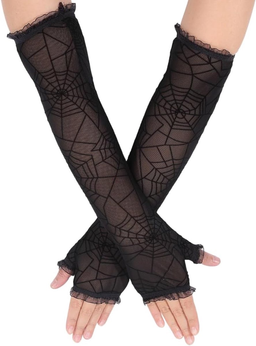 Mesh gotische vingerloze handschoenen voor dames, spinnenweb Halloween-armmouwen, doorschijnende lange gothic punk spinnenweb trendy kanten heks gescheurde armwarmers voor dames, kost