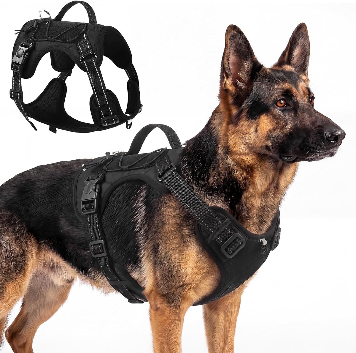 Hondenharnas voor kleine, middelgrote en grote honden, verstelbaar, reflecterend, tactisch harnas met handgreep, Y-harnas, zacht, ademend, borstharnas (zwart, XL)