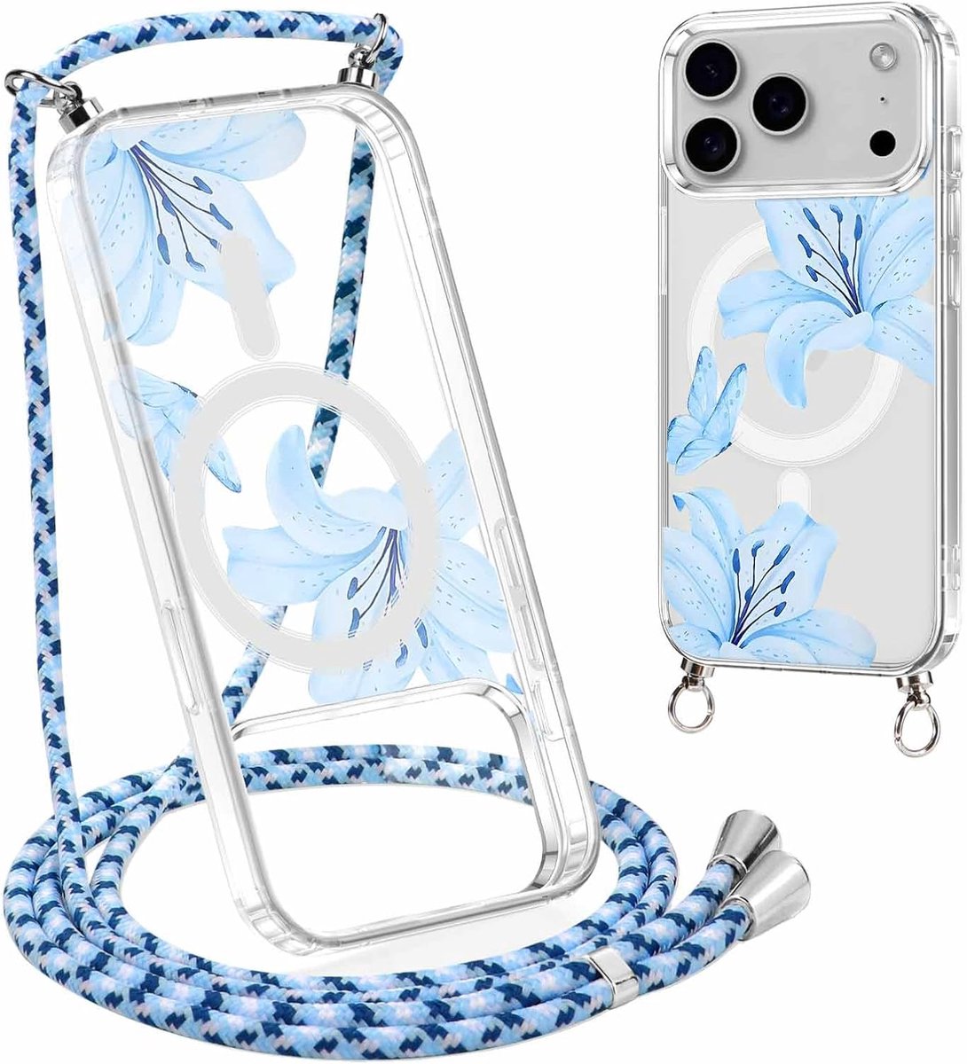 Beschermhoesje met koord voor iPhone 17 Pro Max, esthetische bloemen van lelie, vlinders, transparant, hoes met verstelbaar koord om op te hangen, beschermhoes voor iPhone 17 Pro Max (6,6 inch