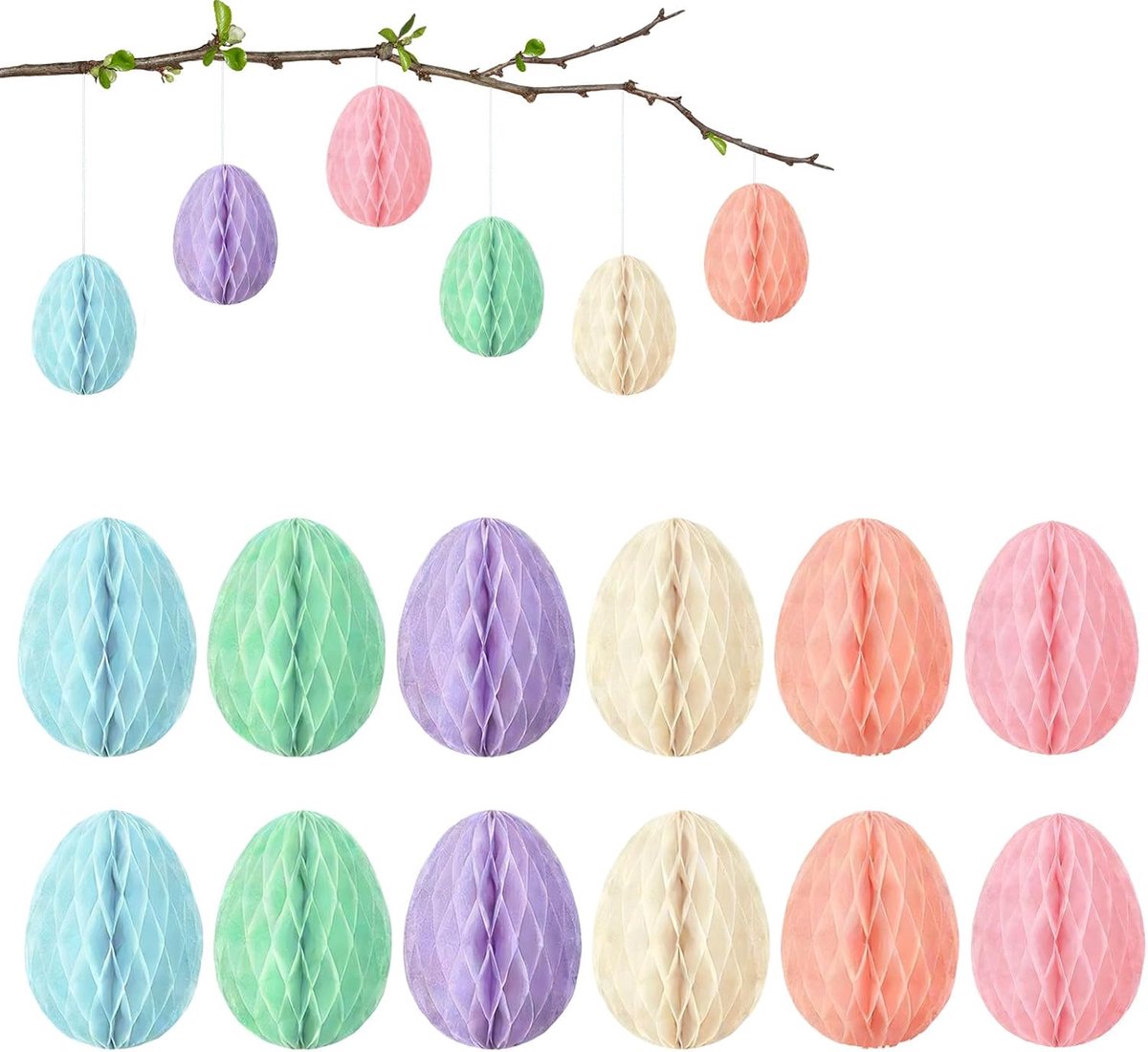 12 stuks kleurrijke paaseieren om op te hangen, honingraatballen, papieren paaseieren, decoratie voor Pasen, feest, verjaardag, klaslokaal, zomerfeest, tuinfeest
