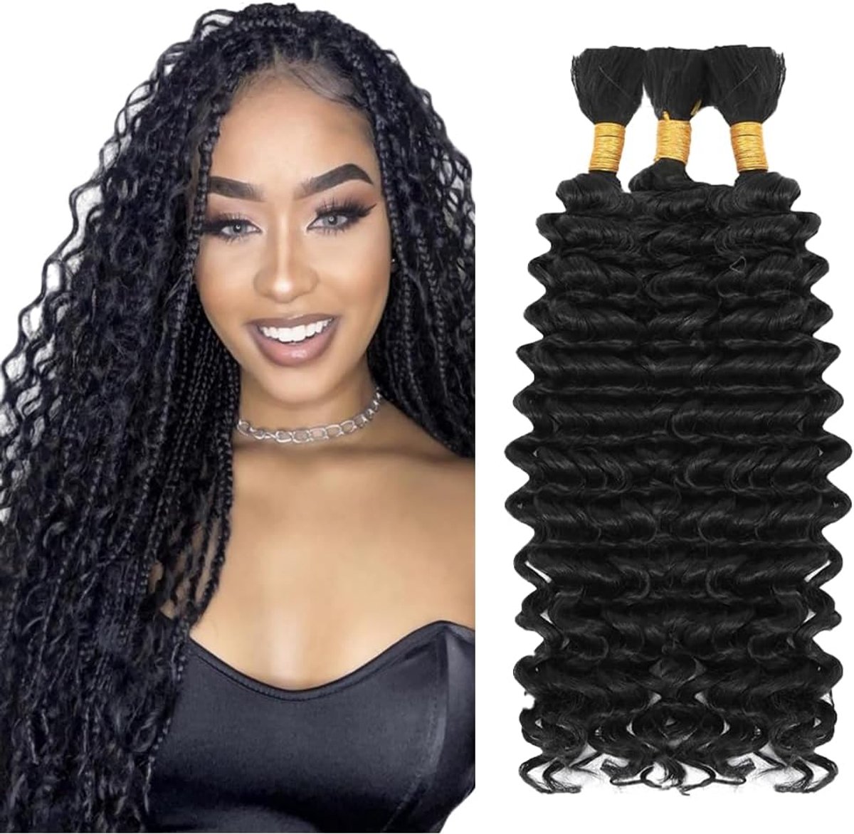 24 24 24 Inch Deep Wave Bulk hair for Braiding 1B Natural Black Menselijk haar No Weft Premium Braiding Hair Extensions for Boho Braids With Minimal Tangle 3 Bundles/Pack