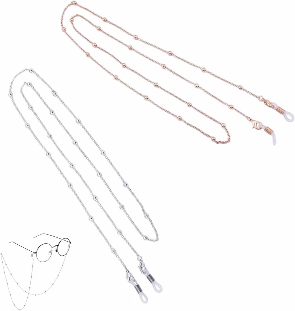 Dunne Kralen Brilketting voor Dames en Heren - Mode Zonnebril Strap met Silicone Antislipringen in Roze Goud en Zilver - Perfect voor Brillen en Zonnebrillen