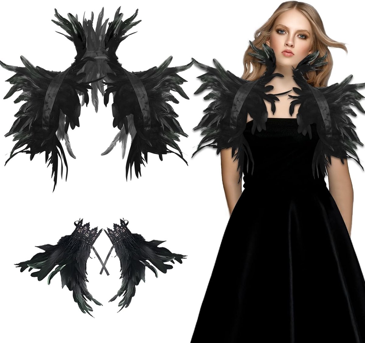 Zwart, Zwarte Cape met Veermanchetten, Maleficent Kostuum, Gothic Veren Schouder, Pauwenkostuum, voor Cosplay Feesten Festivals Carnaval