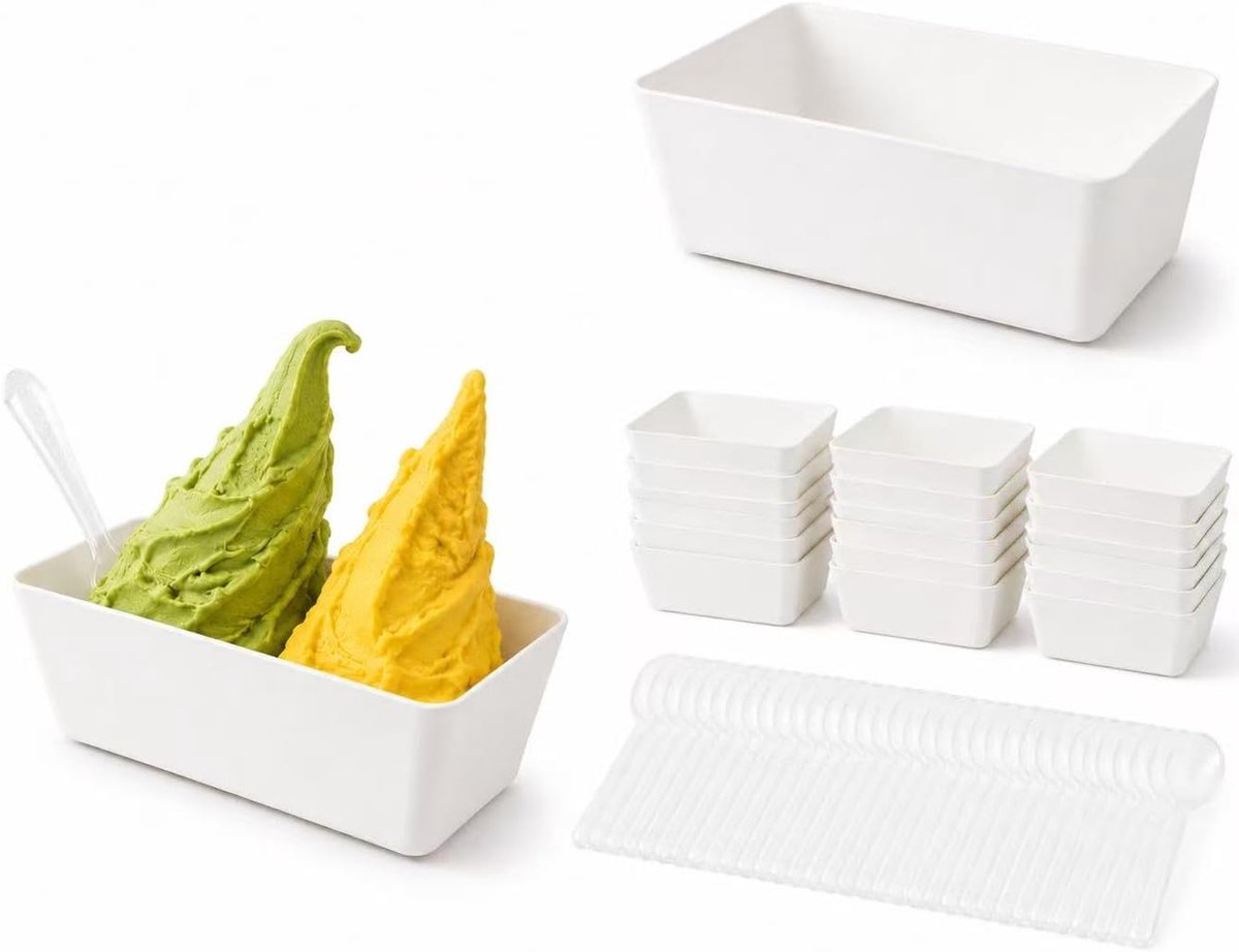Wegwerpbekers van papier met lepels, composteerbare schalen voor ijs, salade, warme soep, pasta en dessert (200 ml vierkante beker + lepel, 25 stuks)