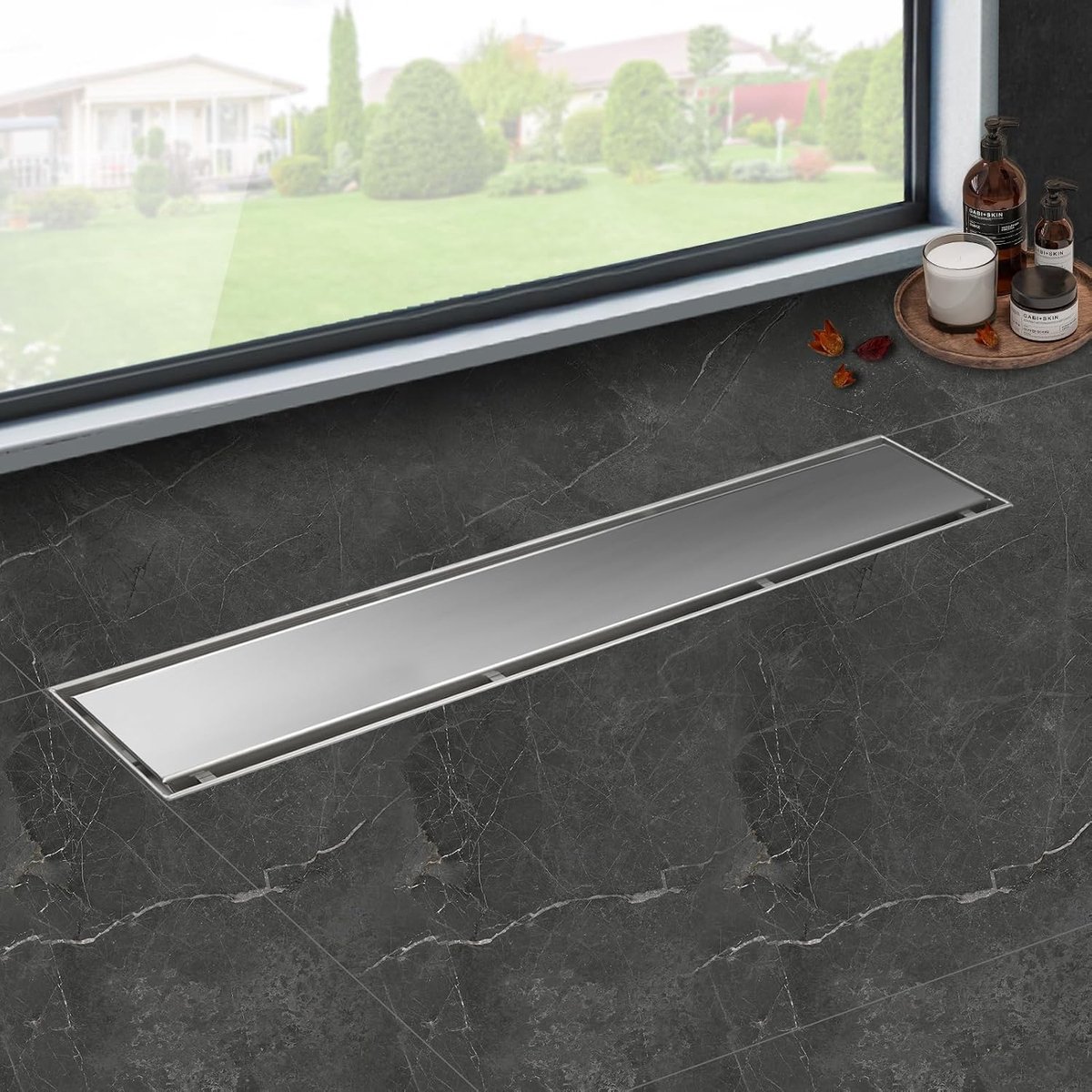 Douche Afvoer 70cm/27inch, Roestvrij Staal Onzichtbare Badkamer Vloer Afvoerset, 2-in-1 Dubbelzijdig, Tegel Insert, met Geurstop en Haarzeef
