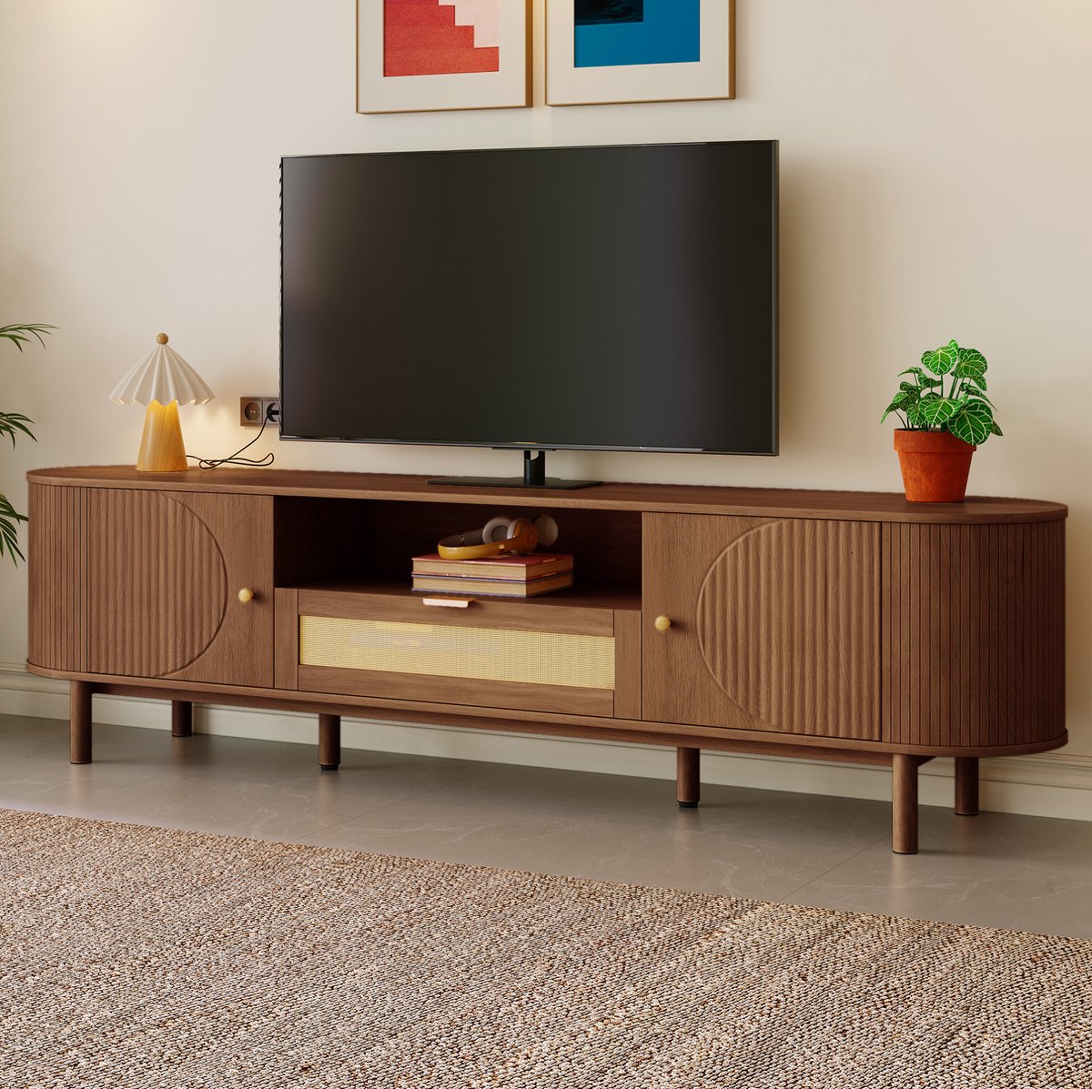 MEUNIQ TV-meubel 175 x 36 x 51 cm met twee deuren, lades en open vak, MDF in walnootkleur voor televisie en media-apparatuur in de woonkamer