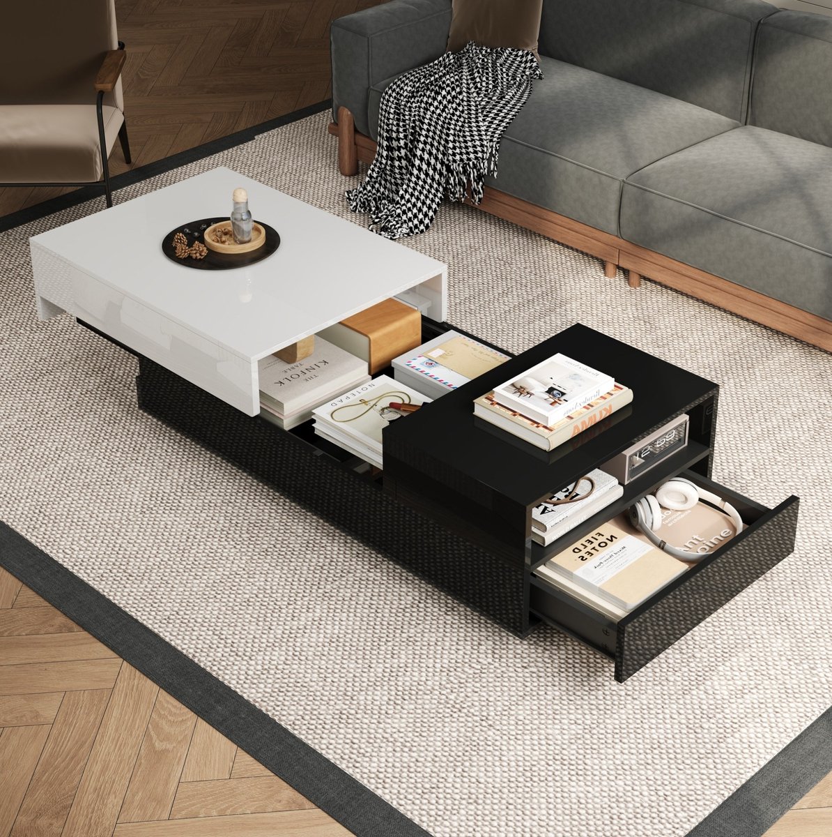 MEUNIQ Salontafel 100 x 50 x 38 cm met verstelbaar hoogglans tafelblad, 2 lades en halfopen opbergruimte voor woonkamer, zwart-wit
