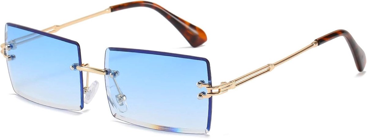 rechthoekige zonnebril dames heren randloze vierkante bril bril bril UV400, blauw, Small