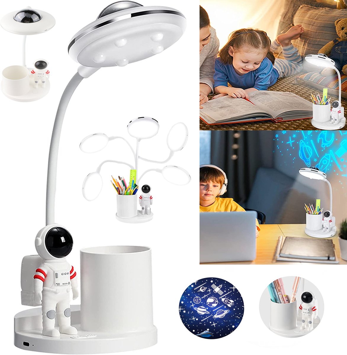 Cartoon Astronaut Bureaulamp, Kinderstudielamp Met Projector, 360° Verstelbare Nek, Bureaulamp Met Oogbescherming
