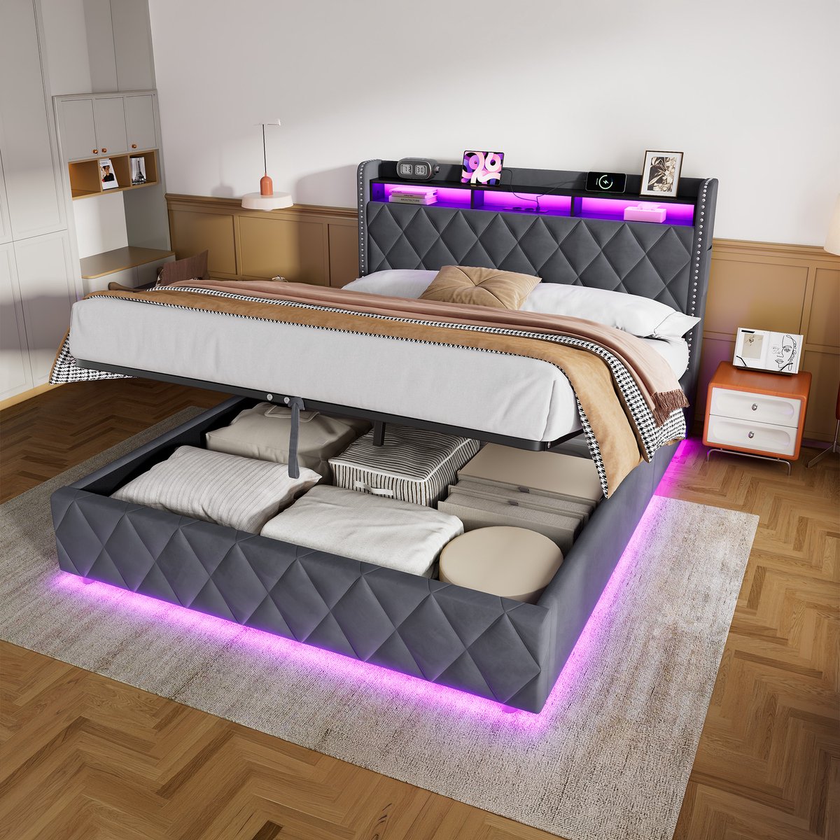 MIVRAY Bed Met Ledverlichting – 160 X 200 Cm – Met Oplaadfunctie En Opbergruimte – Fluweel Hout Metaal – Donkergrijs – Slaapkamer