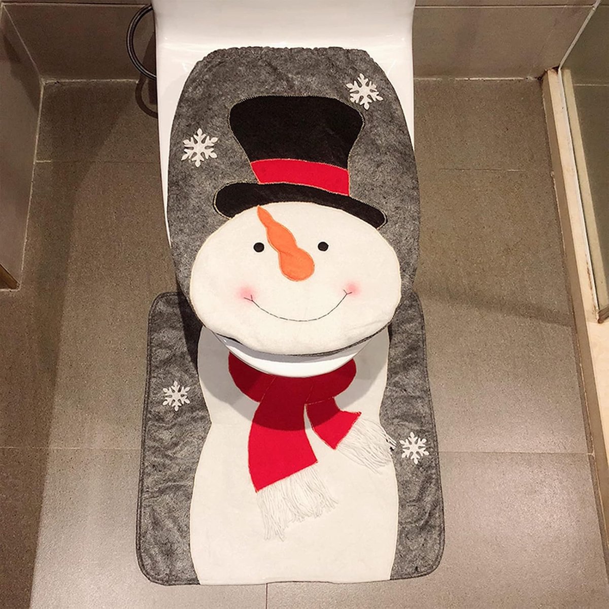 Toiletbrilhoes Kerstmis wc-bril cover tapijt kerstdecoratie toilet decoraties Kerstman sneeuwpop eland toiletmat set 2 stuks (sneeuwman)