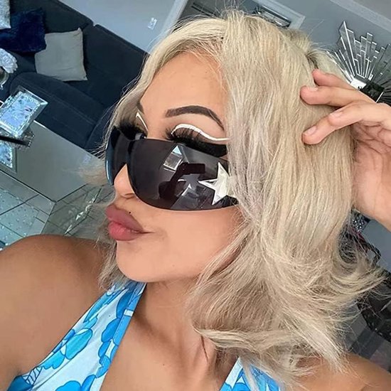 Brillen for Dames, Randloze Schild Wrap Around Zonnebril 2000S Trendy Oversized Mode Frameloze Y2K Bril Shades (Color : As shows, Size : Black black) — afbeelding 3