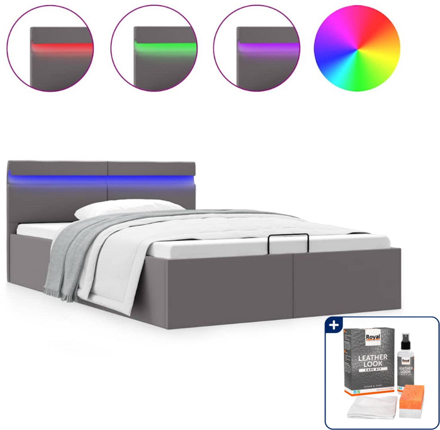 vidaXL bedframe met opbergruimte en LED - Small double - 140x200 cm - grijs - Inclusief onderhoudsset voor kunstleer 150 ml Wit