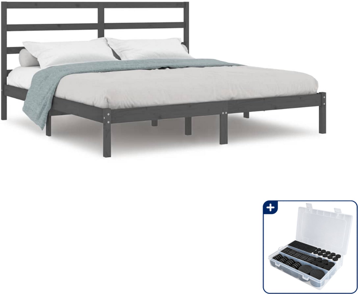 vidaXL bedframe - 200 x 200 cm - massief grenenhout - grijs - Inclusief antikrasvilt 177-delig