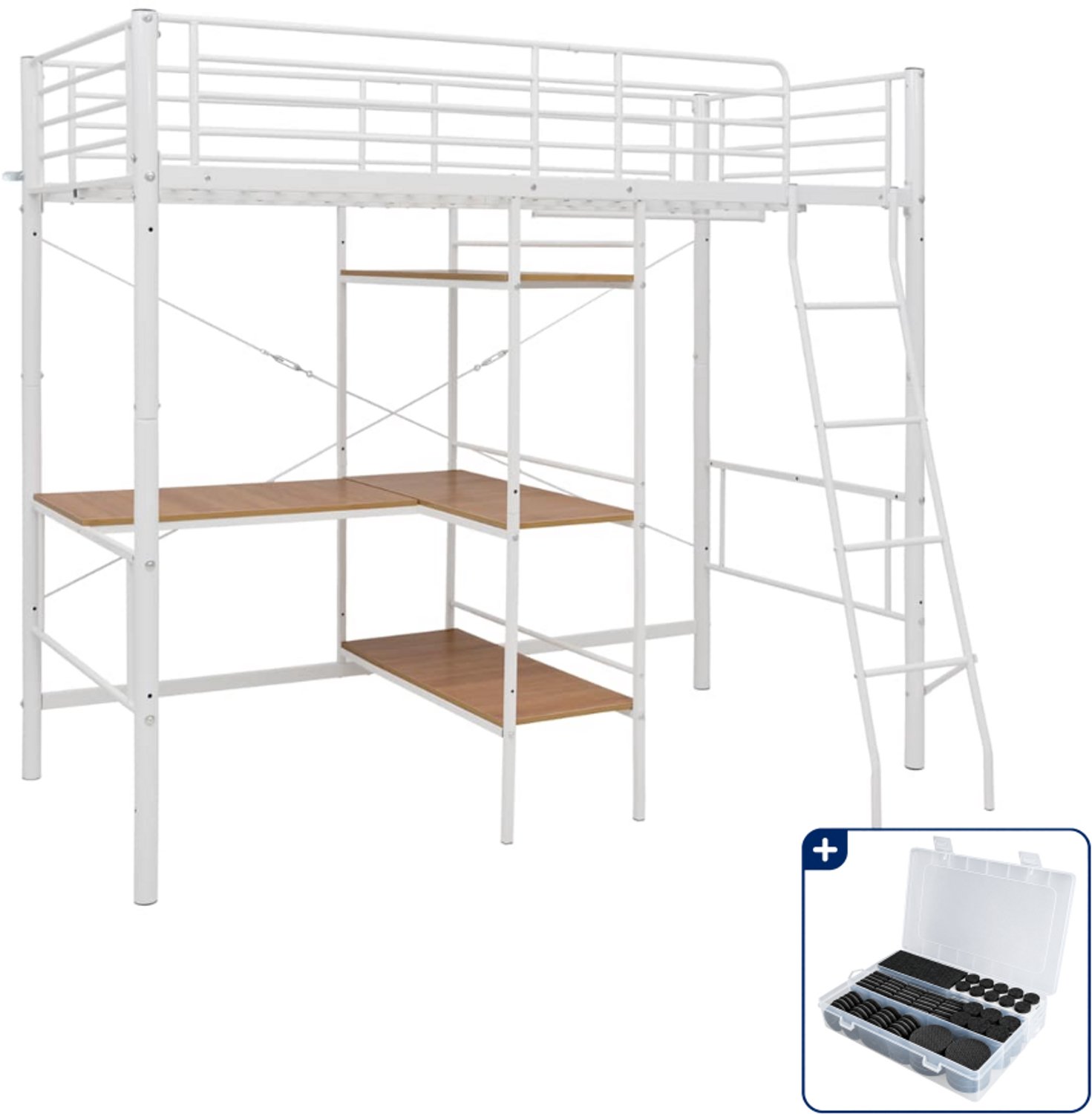 vidaXL stapelbedframe met tafel - 90 x 200 cm - metaal - wit - Inclusief antikrasvilt 177-delig Bruin