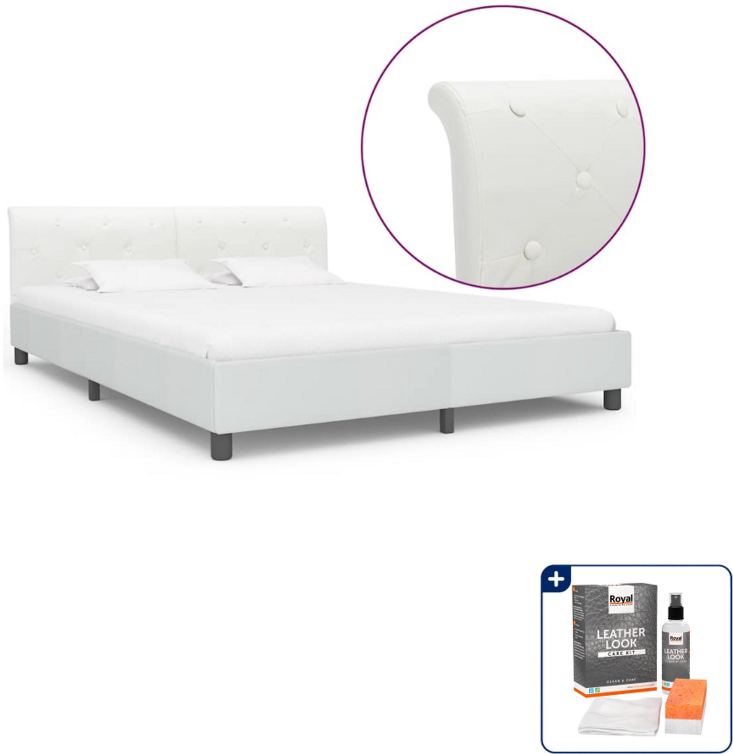vidaXL Bedframe - Kingsize - 180 x 200 cm - kunstleer - wit - Inclusief onderhoudsset voor kunstleer 150 ml Bruin