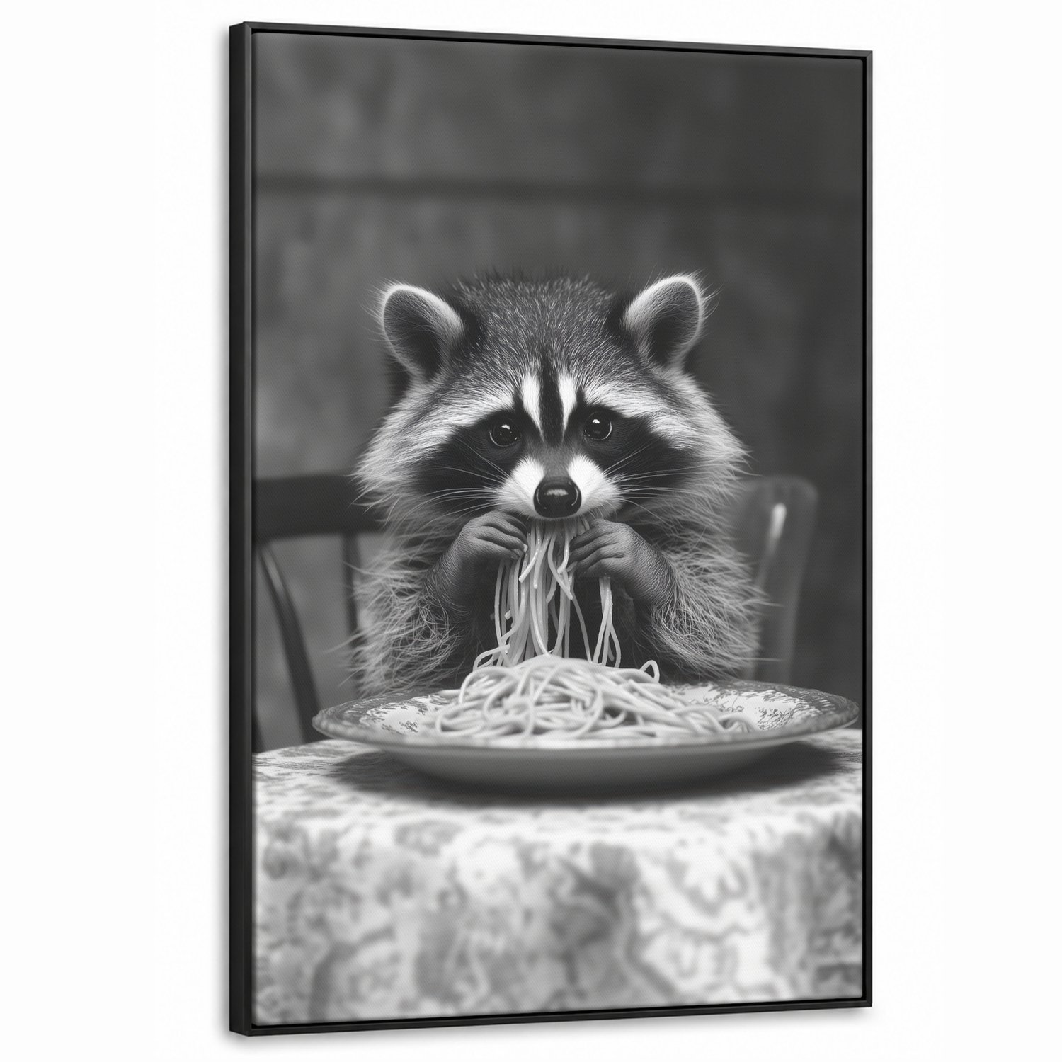 Canvas Schilderij met Baklijst XXL Canvas Schilderij met Baklijst 90x140cm - Wasbeer - Cute - Pasta - Tafelkleed - Zwart - Wit - Muurdecoratie woonkamer - Slaapkamer decoratie - Kamer accessoires - Schilderijen op canvas met lijst groot