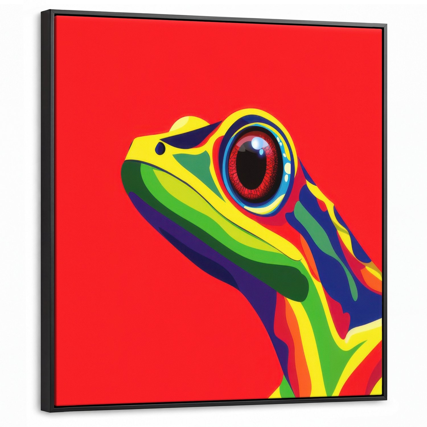 Canvas Schilderij met Baklijst 90x90cm - Kikker - Kleurrijk - Strepen - Ogen - Muurdecoratie woonkamer - Slaapkamer decoratie - Kamer accessoires - Schilderijen op canvas met lijst