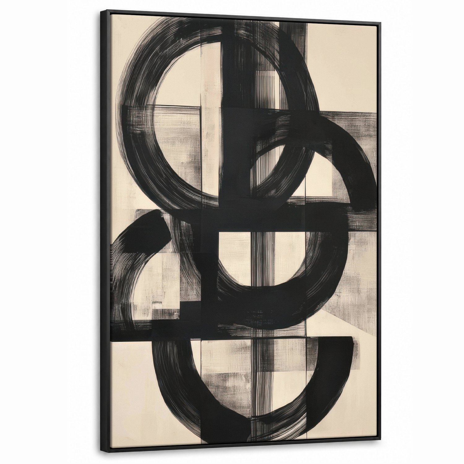 Canvas Schilderij met Baklijst XXL Canvas Schilderij met Baklijst 90x140cm - Cirkels - Lijnen - Vormen - Zwart - Muurdecoratie woonkamer - Slaapkamer decoratie - Kamer accessoires - Schilderijen op canvas met lijst groot