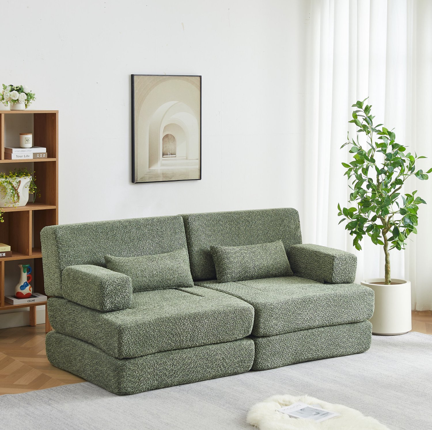 STILVORA Slaapbank 182 x 90 x 80 cm - Modulair en Omvormbaar Zonder Gereedschap - Voor Woonkamer en Logeerkamer - Chenille - Groen