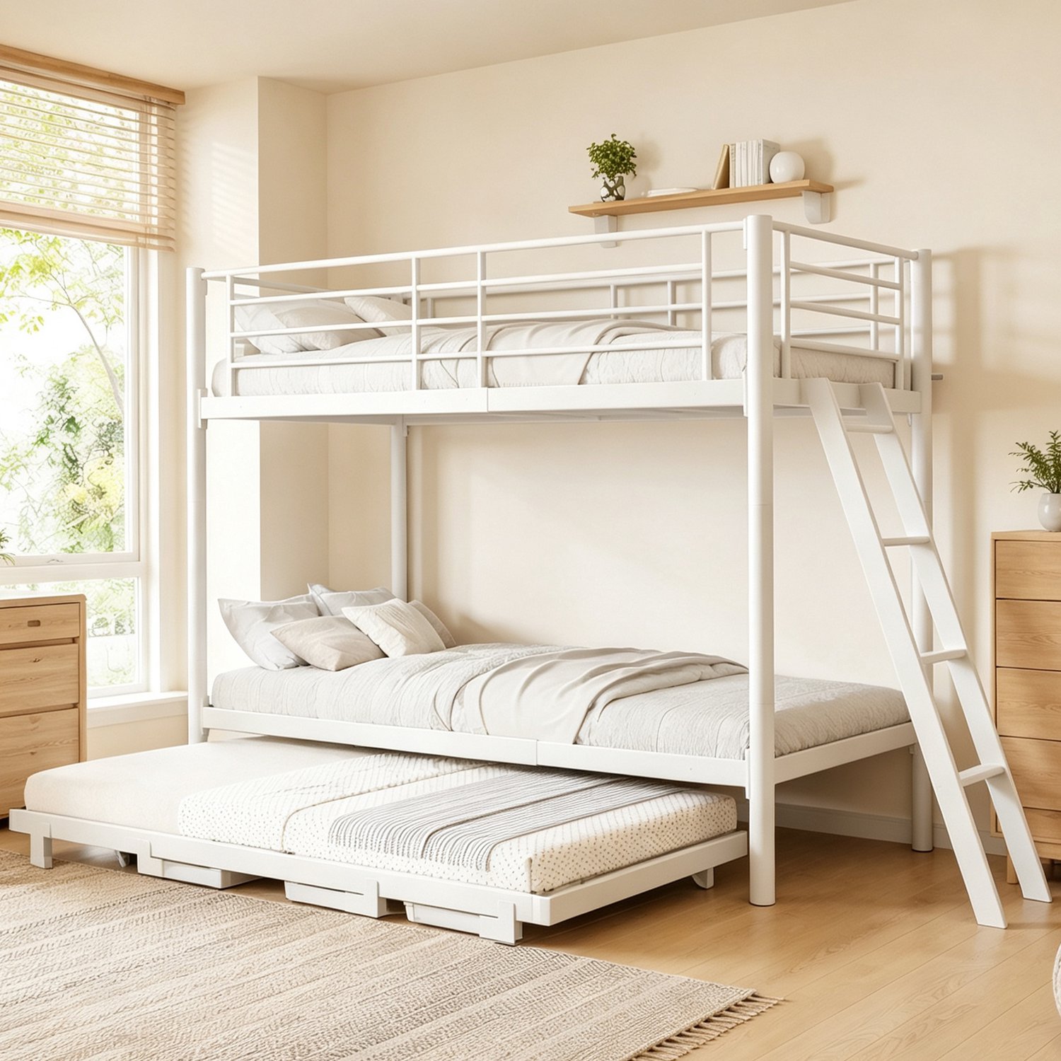 Zubaliya Stapelbed - 90 x 200 cm - Wit - metaal, hout - Uitschuifbaar