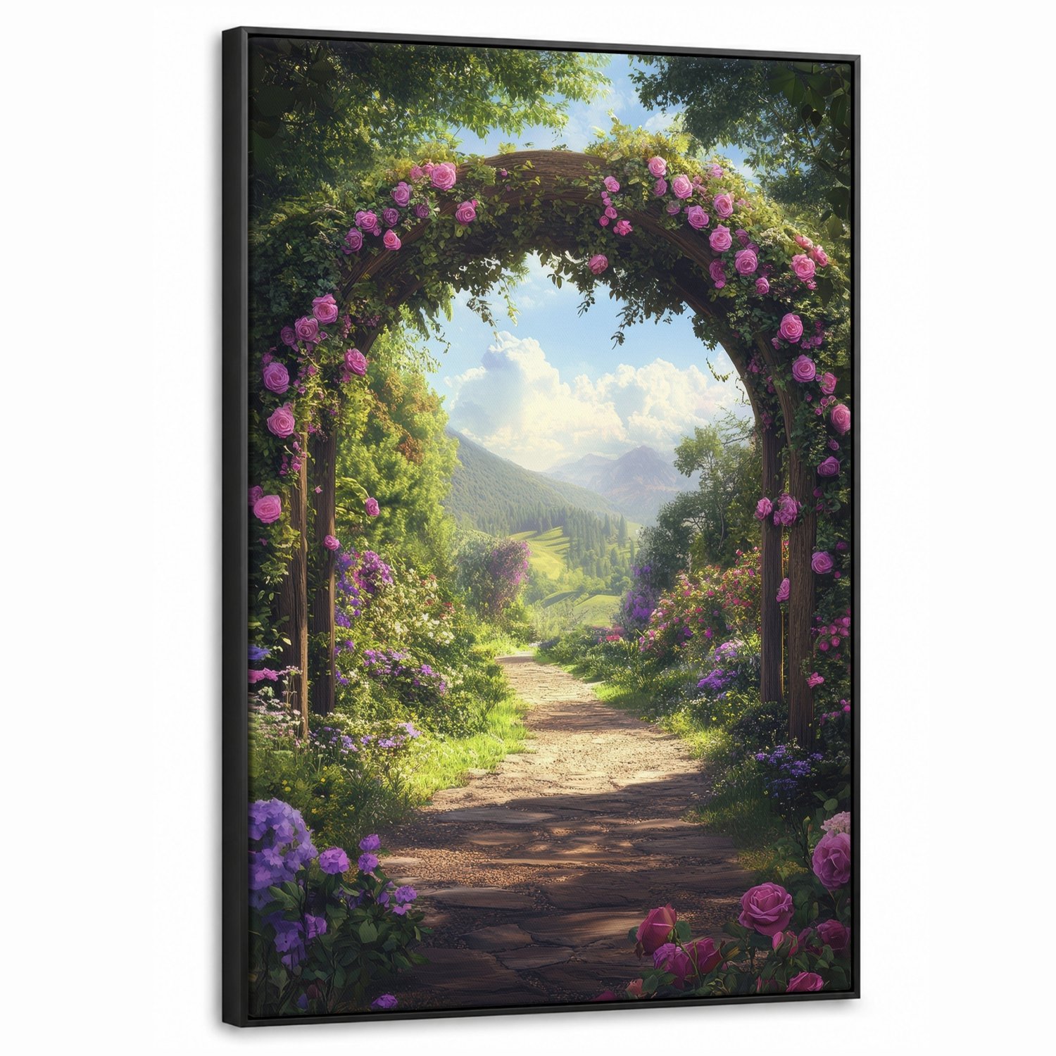 Canvas Schilderij met Baklijst 60x90cm - Doorkijk - Rozenboog - Uitzicht - Landschap - Bloemen - Muurdecoratie woonkamer - Slaapkamer decoratie - Kamer accessoires - Schilderijen op canvas met lijst