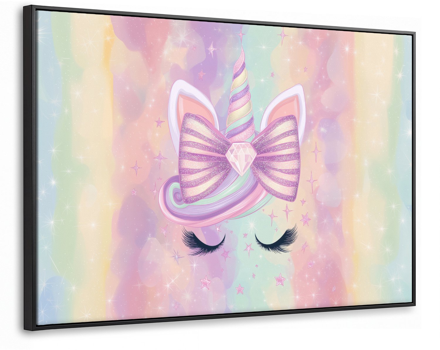 Canvas Schilderij met Baklijst 90x60cm - Eenhoorn - Glitters - Regenboog - Pastel - Muurdecoratie woonkamer - Slaapkamer decoratie - Kamer accessoires - Schilderijen op canvas met lijst