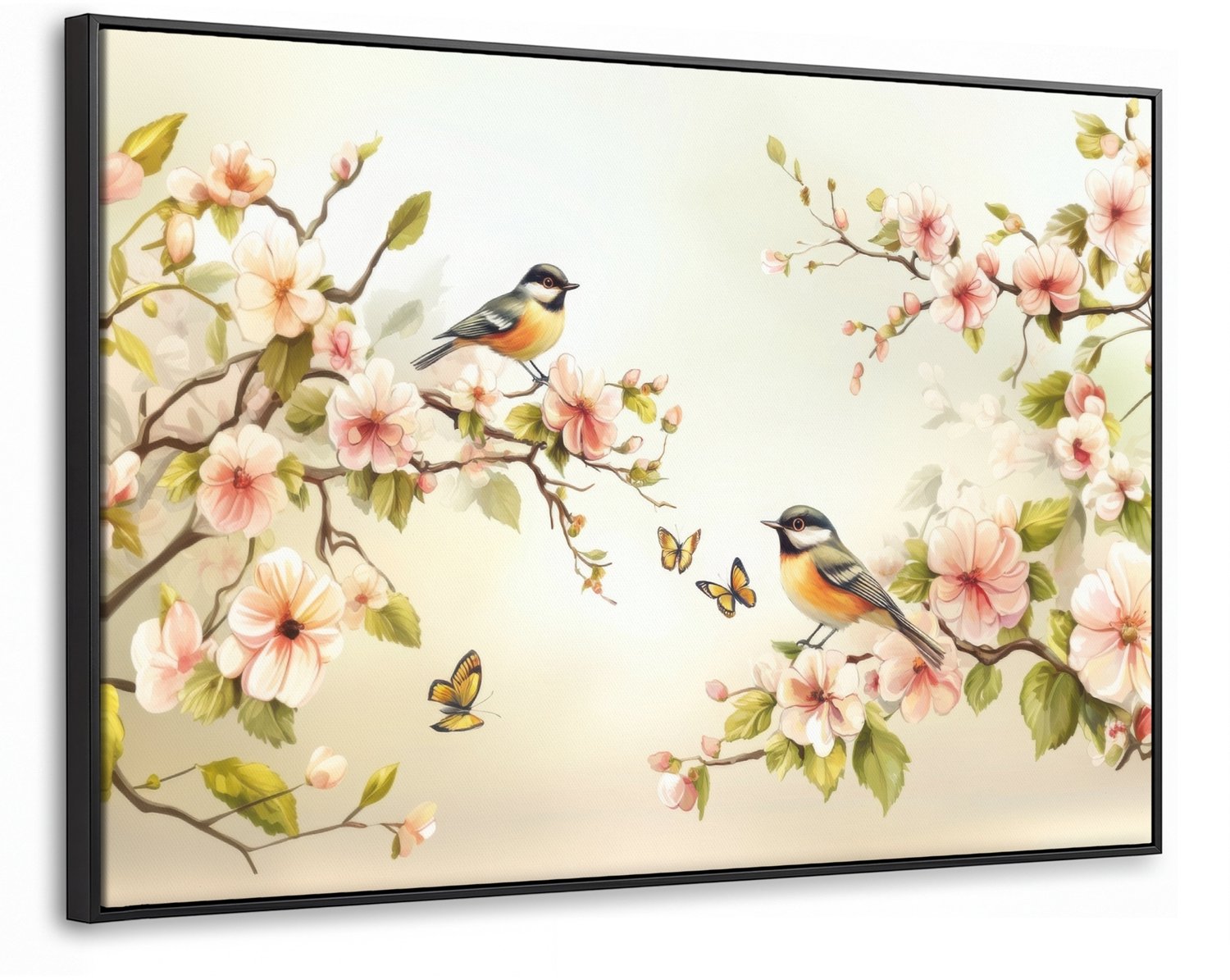 Canvas Schilderij met Baklijst XXL Canvas Schilderij met Baklijst 150x100cm - Takken - Bloemen - Vogeltjes - Roze - Muurdecoratie woonkamer - Slaapkamer decoratie - Kamer accessoires - Schilderijen op canvas met lijst groot