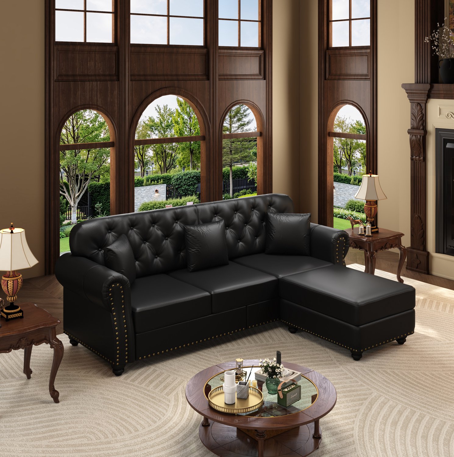 OKWISH Chesterfield Bank 210 cm - 3-Zits met Voetenbank, Knoopdetails en Siernagels - Voor de Woonkamer - Kunstleer - Zwart