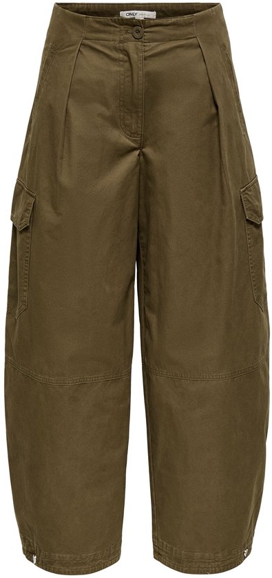 Olijfgroene cargo broek met wijde pijpen, plooien aan de voorkant en klepzakken op de zijkanten.