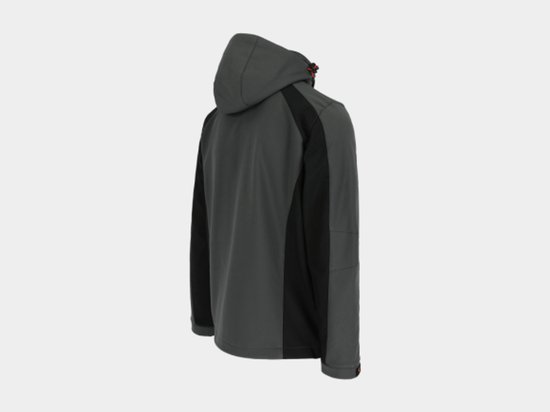 Antracietgrijze Herock softshell jas met zwarte zijpanelen en capuchon, gezien vanaf de achterzijde.