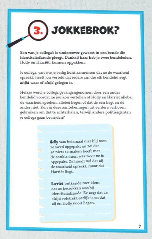 Pagina 9, '3. Jokkebrok?': puzzelopdracht met een vergrootglas en verklaringen van Holly en Harriët.