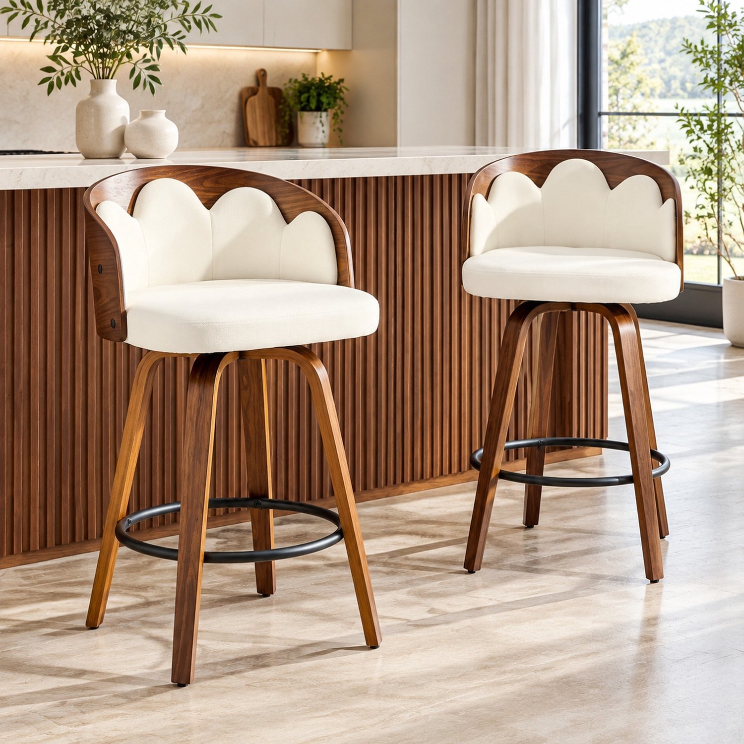 MODFU Set Van 2 Barkrukken - Bloemvormige Rugleuning - Armleuningen - Hout - Wit